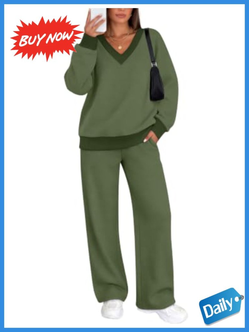 Women's 2-Piece Sweatsuit Set Lounge Outfit Ribbed V-Neck Wide Leg